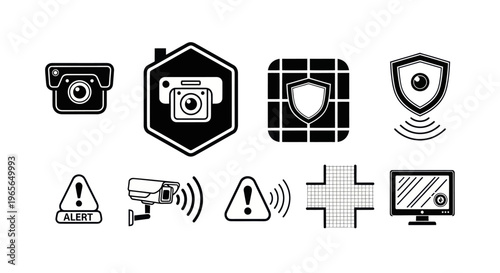Security Camera Icons: Surveillance Technology, Protection, Alerts, Monitor, Grid Shield