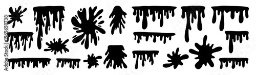 Black liquid drip and splatter shapes set isolated on white background. Melting and splashes shape graphic element collection.