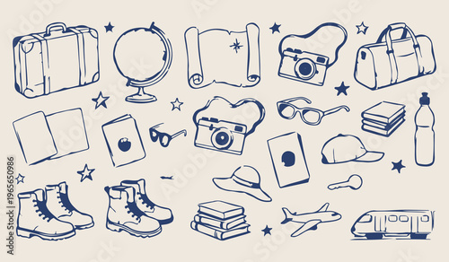 wanderlust travel adventure doodle pattern, vintage camera and globe sketches, passport and binoculars line art, hiking boots and backpack icons, summer vacation planning graphic, world explorer aesth