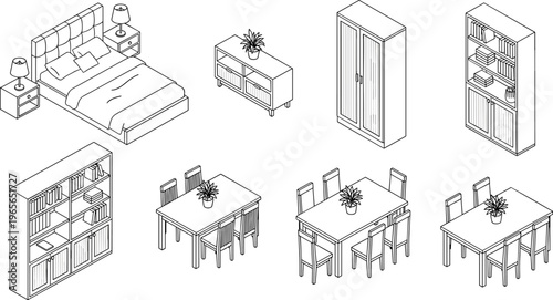 Modern home furniture set illustration, bedroom dining living interior design elements, minimal line art wardrobe table chair bookshelf collection