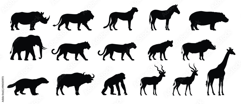 Obraz premium African wild animals silhouettes set. Flat vector illustrations of wild animals