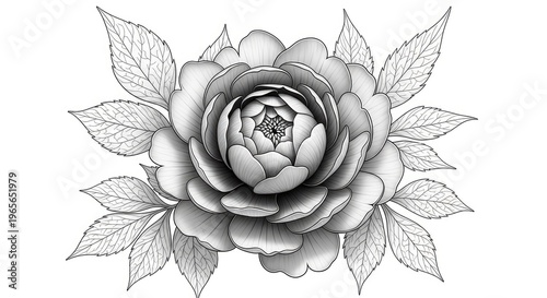 Elegant monochrome flower illustration with detailed petals and leaves on white