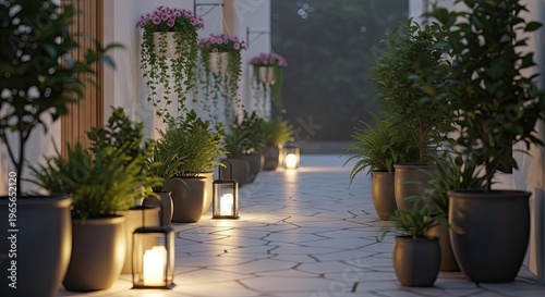 Elegant outdoor scene featuring potted plants and soft lighting creating a serene ambiance