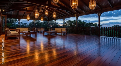 Elegant outdoor terrace with wooden floor furniture and decorative lighting