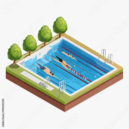 Isometric illustration of people swimming laps in an outdoor pool. Summer sports and healthy aquatic activity