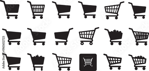 A collection of black shopping cart icons arranged in a grid pattern