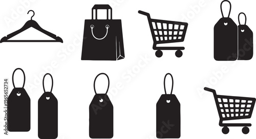 A collection of black icons representing shopping carts bags hangers price tags