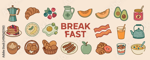 Breakfast food menu icons, morning meal doodles, healthy nutrition illustrations, breakfast cafe graphics, restaurant kitchen sketches, egg and bacon symbols, daily dining routine elements
