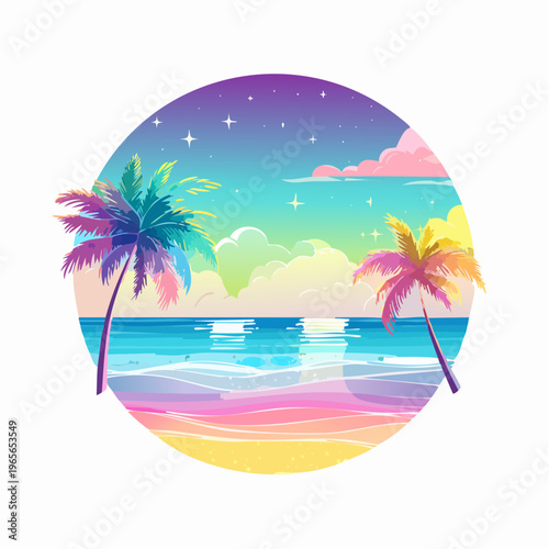 Enchanting tropical fantasy illustration showcasing a serene sunset beach with vibrant pastel hues and peaceful ocean reflections