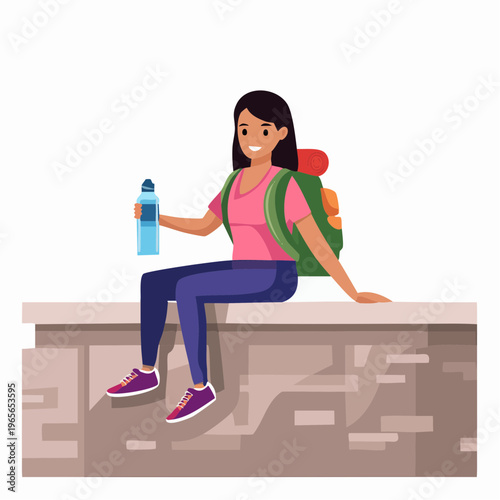 Smiling young woman taking a break with her backpack, staying hydrated and embracing the journey outdoors