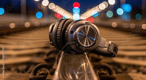 Headphones resting on a rail against a bokeh background listening concept