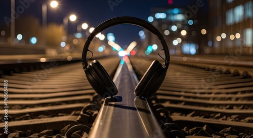 Headphones resting on railroad tracks with blurred lights in the background