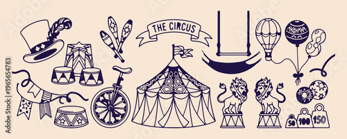 Vintage circus tent icons, carnival entertainment doodles, big top circus illustrations, amusement park show graphics, retro fairground event sketches, circus performer equipment icons, festive celebr