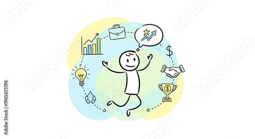Business success, happy entrepreneur, finance icons, cartoon style
