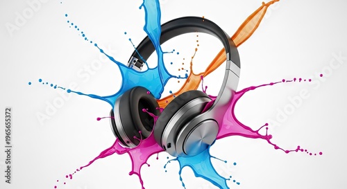 Headphones with colorful splash on white background music audio technology