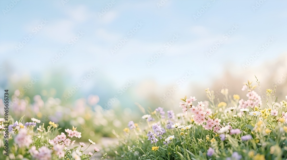 Obraz premium A serene meadow blooms with delicate wildflowers under a soft, sunlit sky, evoking a sense of peace and natural beauty
