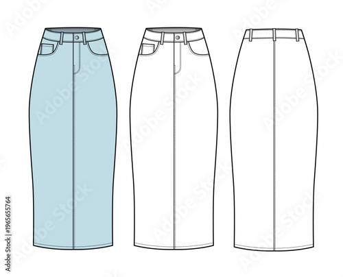 Denim pencil skirt front and back view vector design technical flat drawing.
