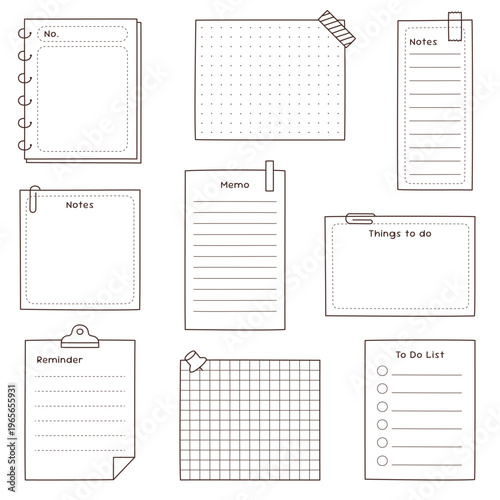 Set of hand drawn memo notes reminder to do list and planner paper templates in minimal black and white outline style