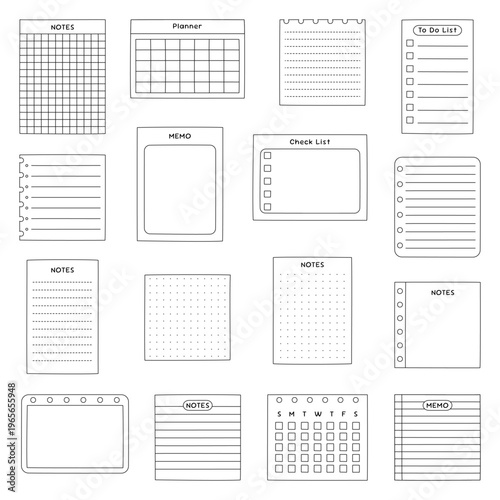Collection of hand drawn notebook planner memo checklist and to do list templates in black and white outline style