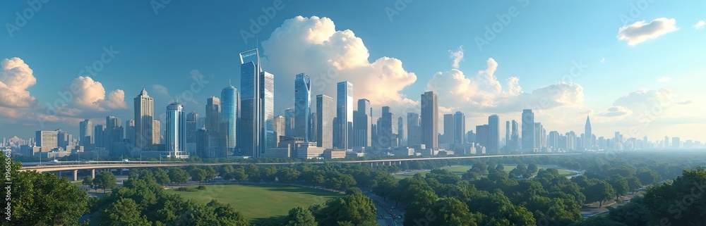Fototapeta premium City skyline with modern skyscrapers under blue sky with clouds. Overpass highway crosses green park landscape in front of tall buildings. Busy urban center.