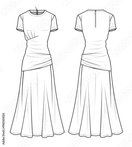 Short sleeve maxi dress front and back view technical drawing vector template.