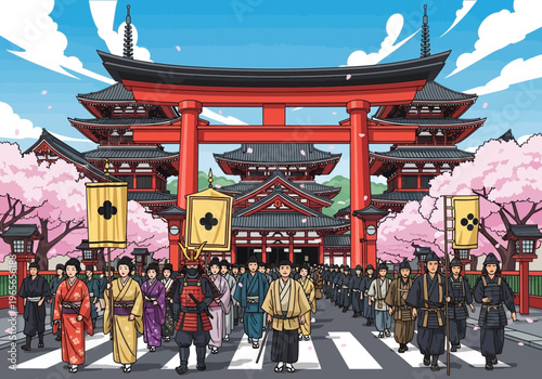 Japanese people in traditional attire walking on a street.