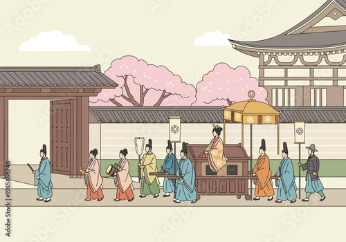 Ancient Japanese procession with people in traditional attire.