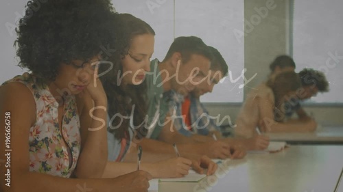 Animation of problems solutions text over happy diverse students during exam