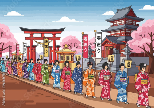 Japanese Women in Traditional Kimonos Walking in a Cultural Procession.