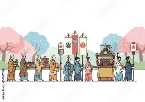 Traditional Japanese procession with monks and officials carrying a portable shrine.