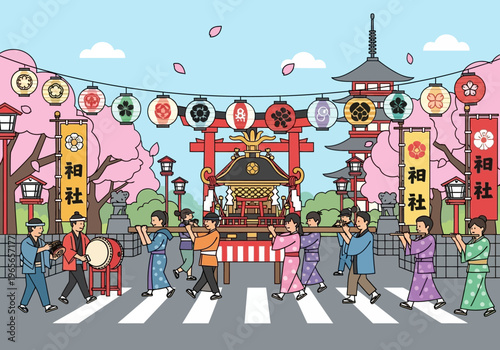 Japanese festival procession with people carrying a portable shrine across a street.