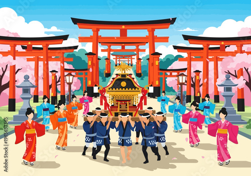 Japanese Festival Parade with Mikoshi and Traditional Attire.