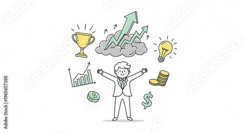 Businessman, success, finance, icons, illustration, achievement, growth, money