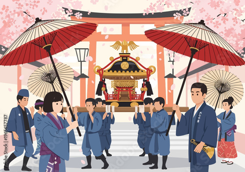 Japanese festival procession with people carrying a portable shrine and traditional umbrellas.