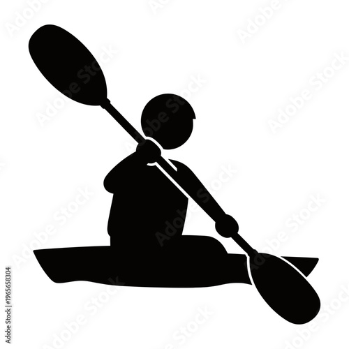 Vector silhouette of a person kayaking with a double-bladed paddle on calm water.