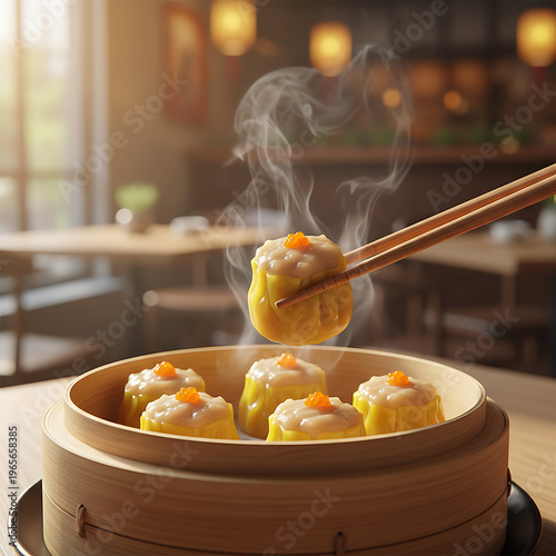 Steaming dim sum being picked up with chopsticks from a bamboo steamer in a restaurant