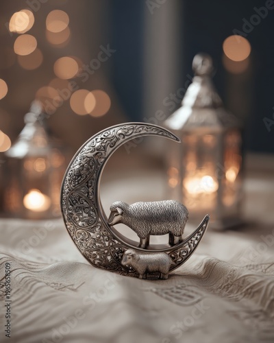Silver crescent moon ornament with soft bokeh lights