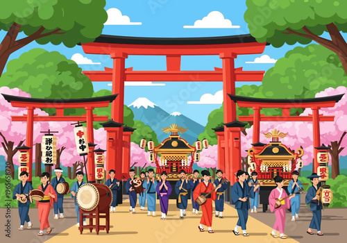 Japanese Festival Parade with Traditional Costumes and Mikoshi.