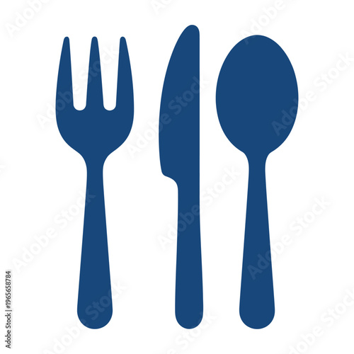 Vector blue silhouette set of a fork, knife, and spoon arranged neatly together