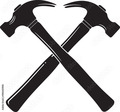 Two black silhouette hammers crossed over each other tools
