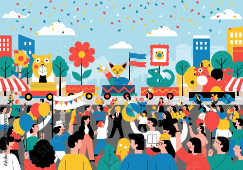 Vibrant street parade with people celebrating and watching colorful floats pass by.