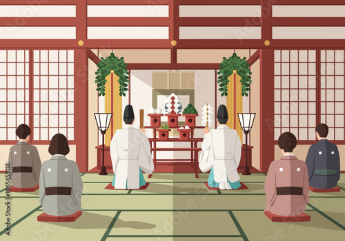 People in traditional Japanese attire kneeling during a religious ceremony.