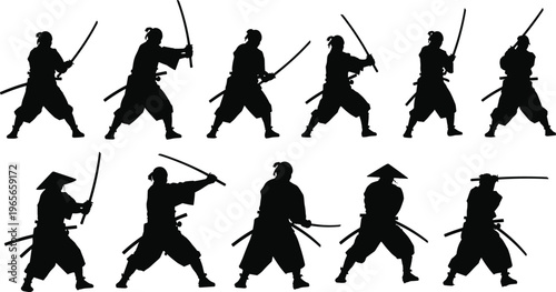 “Samurai warrior silhouettes with katana swords in traditional Japanese martial arts stances, vector illustration set for culture, history, and design”