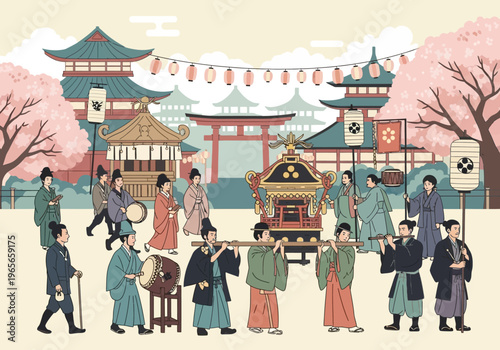 Japanese festival procession with people in traditional attire carrying a mikoshi and playing music.