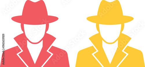 Anonymous detective icon, mysterious spy avatar, secret agent silhouette, red and yellow vector graphic for security and privacy concepts