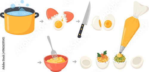 Modern Flat Vector Infographic of Deviled Eggs Preparation Process with Step-by-Step Cooking Instructions for Culinary Education and Food Blogs
