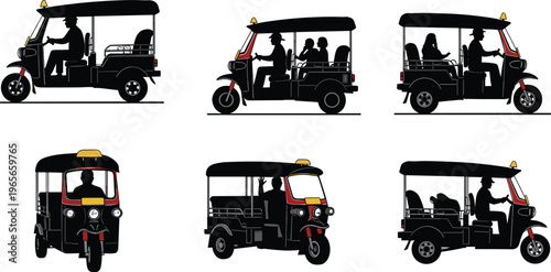 “Set of colorful auto rickshaw tuk tuk vector illustrations, traditional three wheeler taxi transport icons with driver passenger design elements”