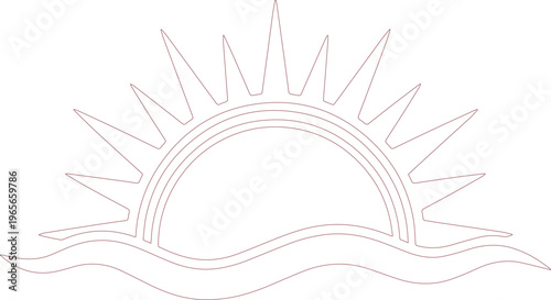 Minimalist rising sun and ocean waves vector graphic, elegant sunrise and sea illustration, clean outline design for branding and summer themes, simple dawn and water symbol