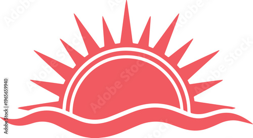 Stylized red sun rising over ocean waves, a vibrant sunrise or sunset vector illustration, ideal for travel, summer, and nature-themed designs