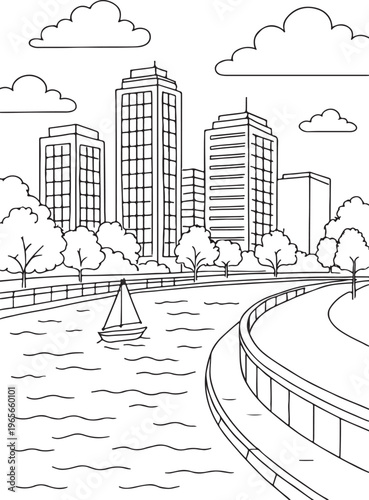 Riverside Coloring Fan. City embankment scene children's coloring book illustration, outlined drawing, simple tall buidings behind a curved railing beside. 